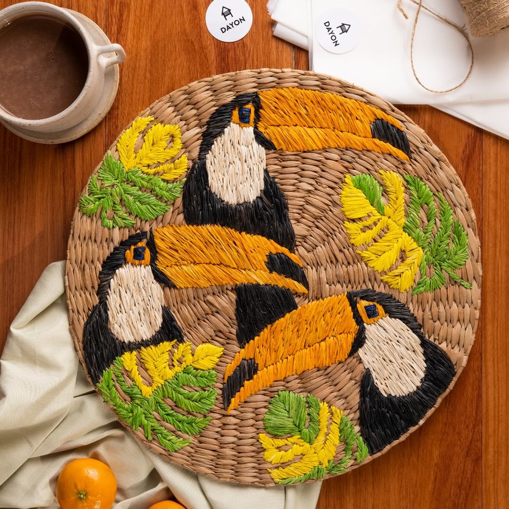 Natural Handmade Rattan Tropical Embroidered Placemat, 13 in diameter